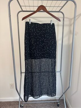 SAGE The Label NWT Black Polka Dot Sheer Hem Midi Skirt Size Small